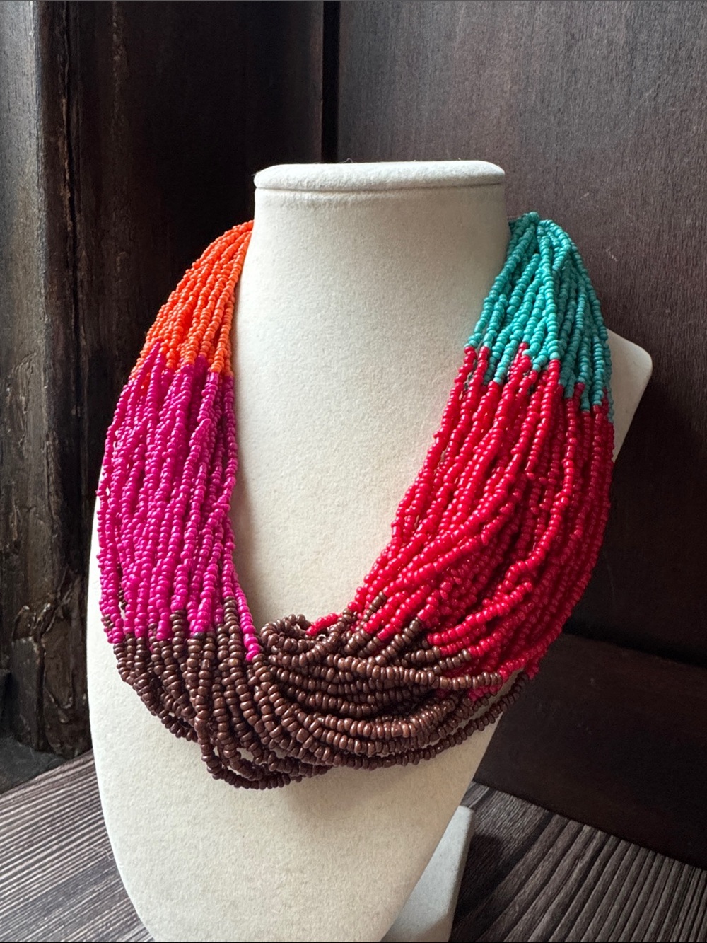 Colorful Multi Strand Seed Bead Statement Necklace Boho Tribal Turquoise Orange